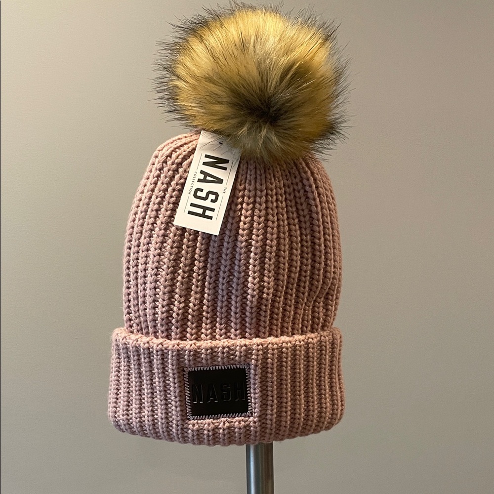 NASH Blush Knit Beanie with Faux Fur Pom-Pom